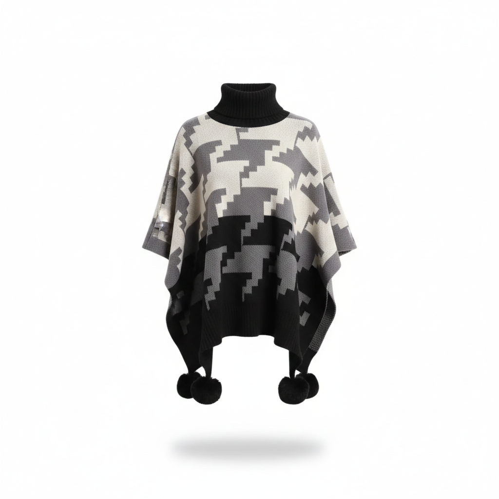 Poncho femme à pompon motifs aztèques - Horizon Poncho