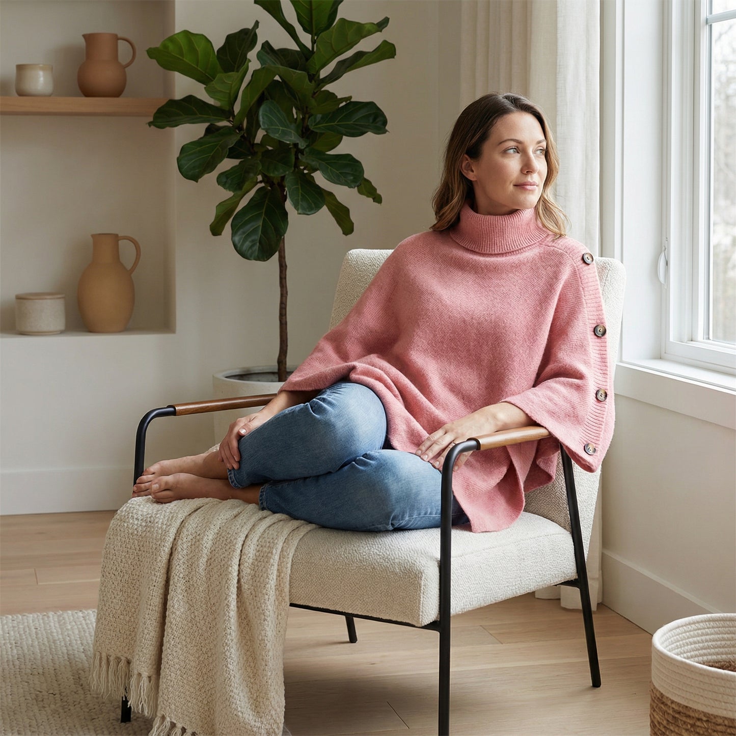 Poncho femme à boutons rose - Horizon Poncho