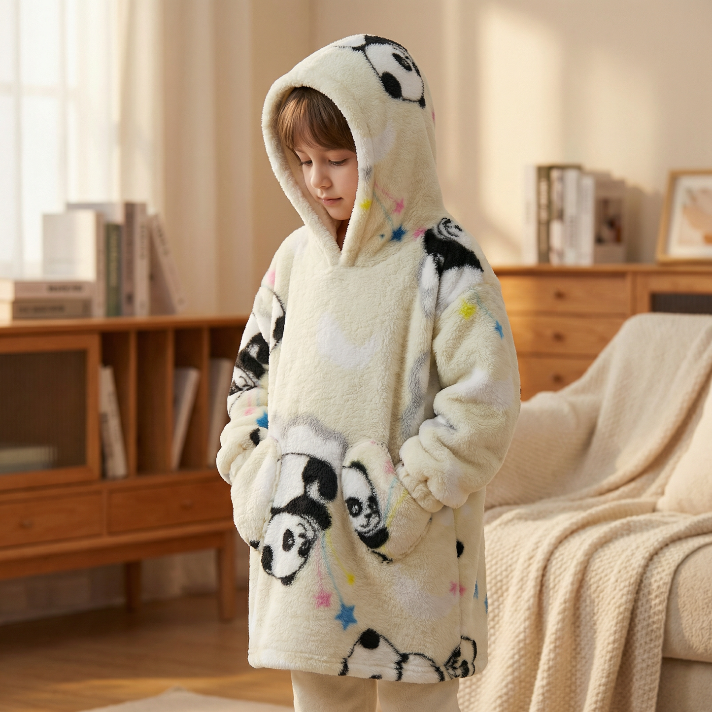Poncho enfant motif panda beige - Horizon Poncho