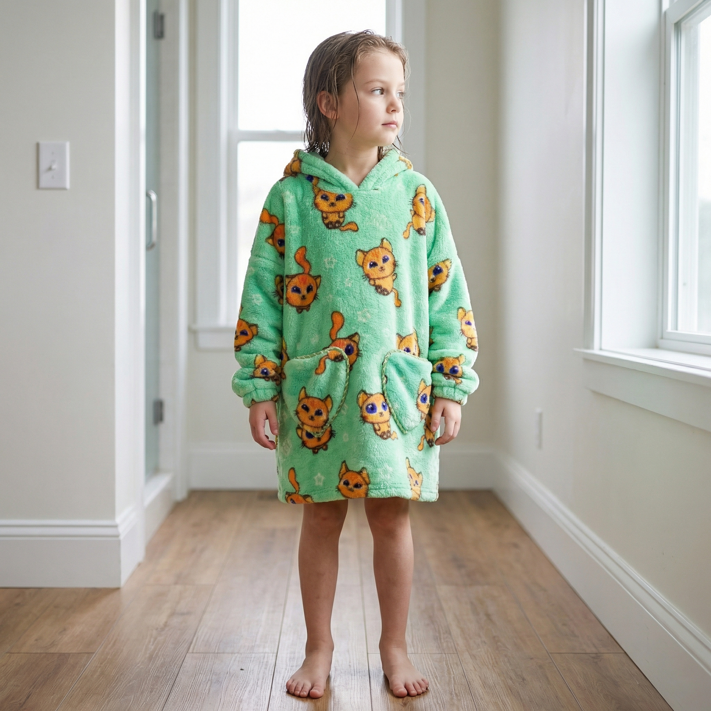 Poncho enfant motifs chat vert - Horizon Poncho