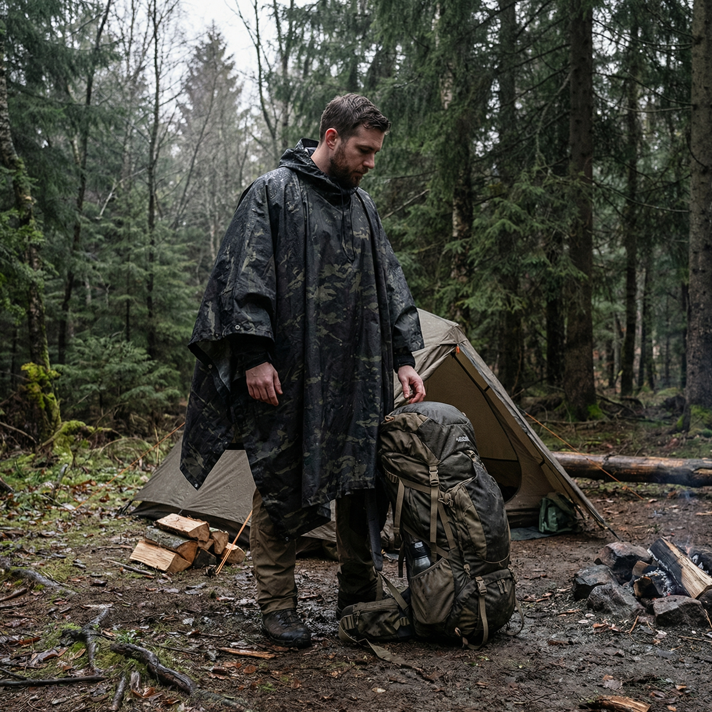 Poncho pluie randonnée camouflage noir - Horizon Poncho