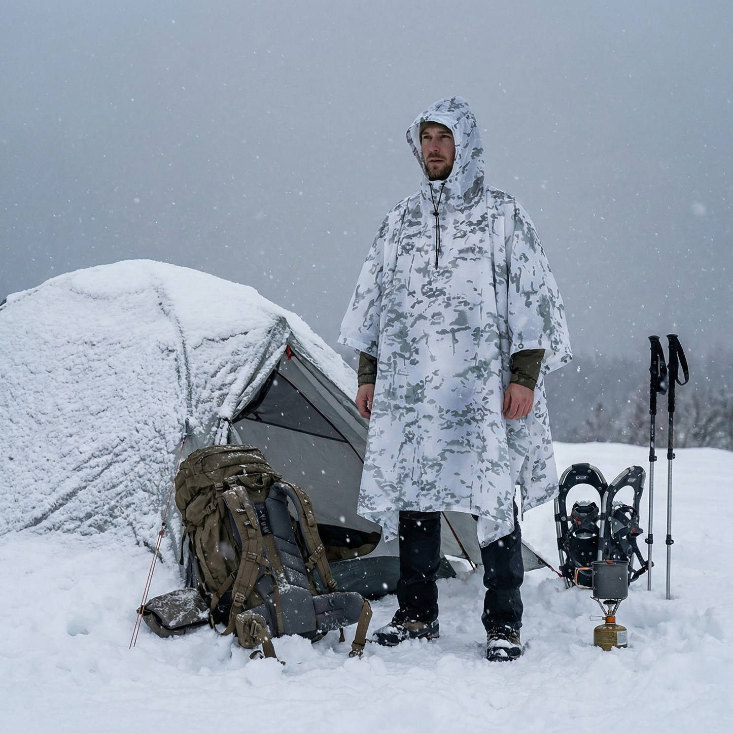 Poncho pluie randonnée camouflage blanc - Horizon Poncho