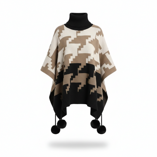 Poncho femme à pompon motifs aztèques - Horizon Poncho