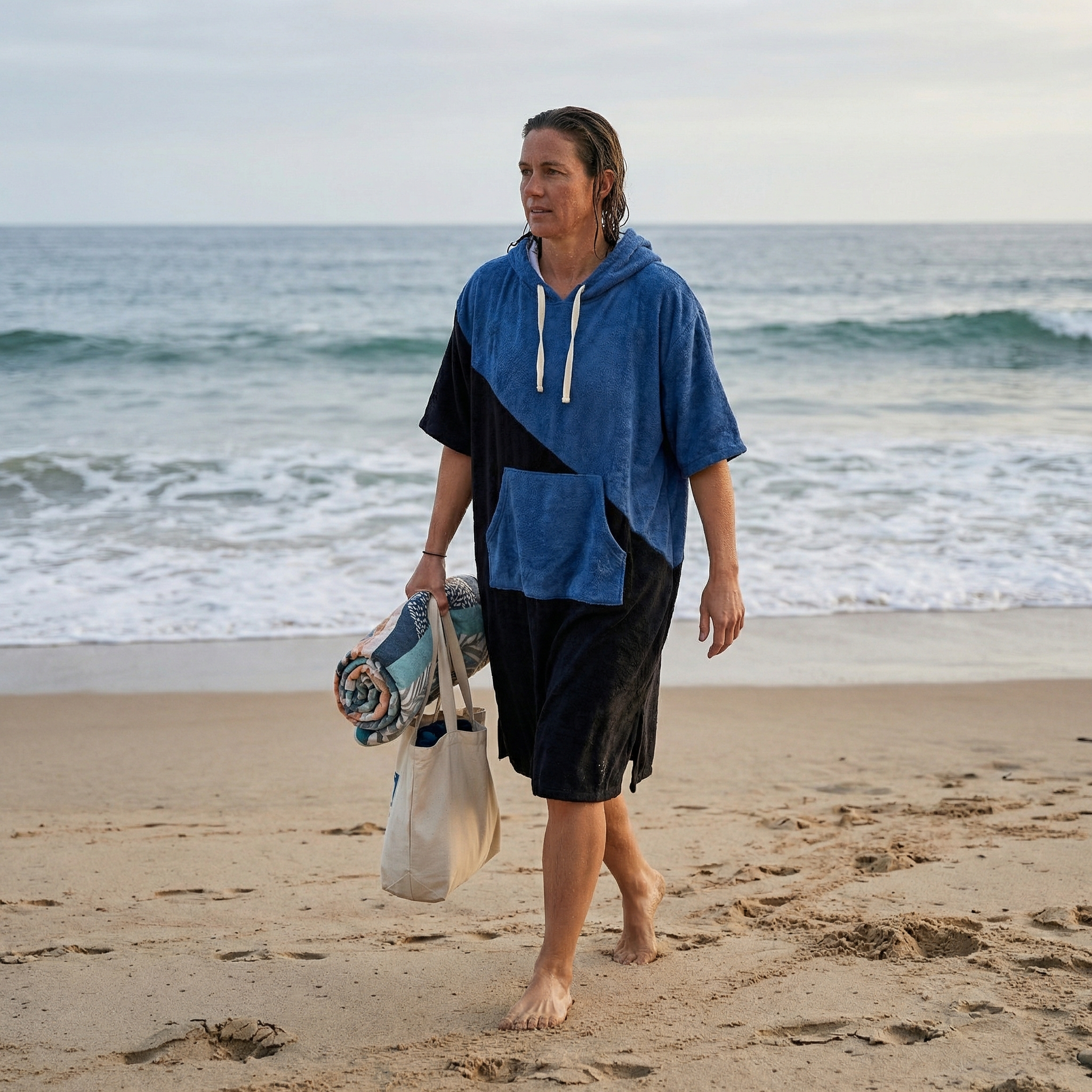 Poncho plage bicolore noir et bleu - Horizon Poncho