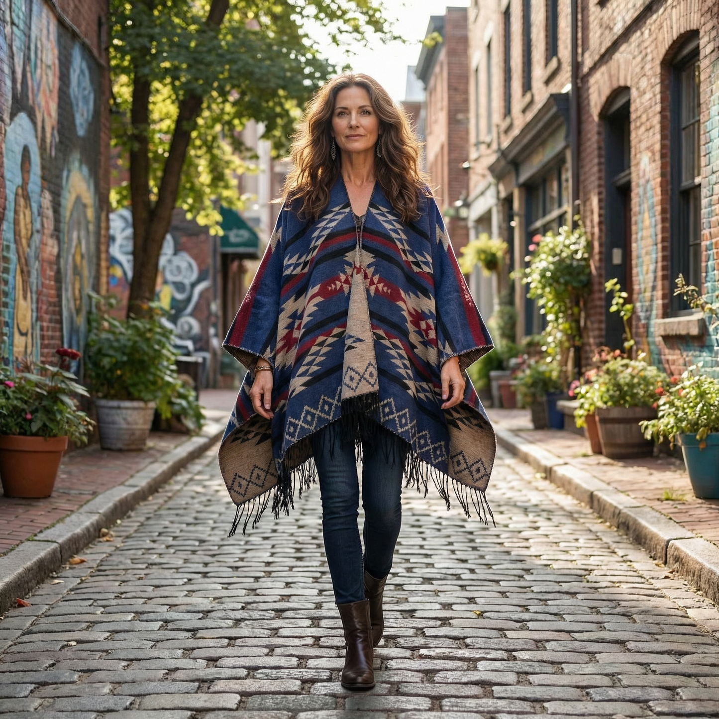 Poncho mexicain bleu et rouge - Horizon Poncho