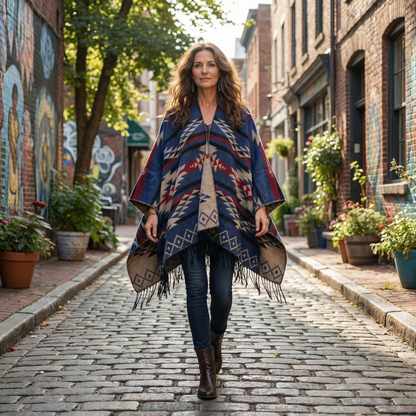 Poncho mexicain bleu et rouge - Horizon Poncho