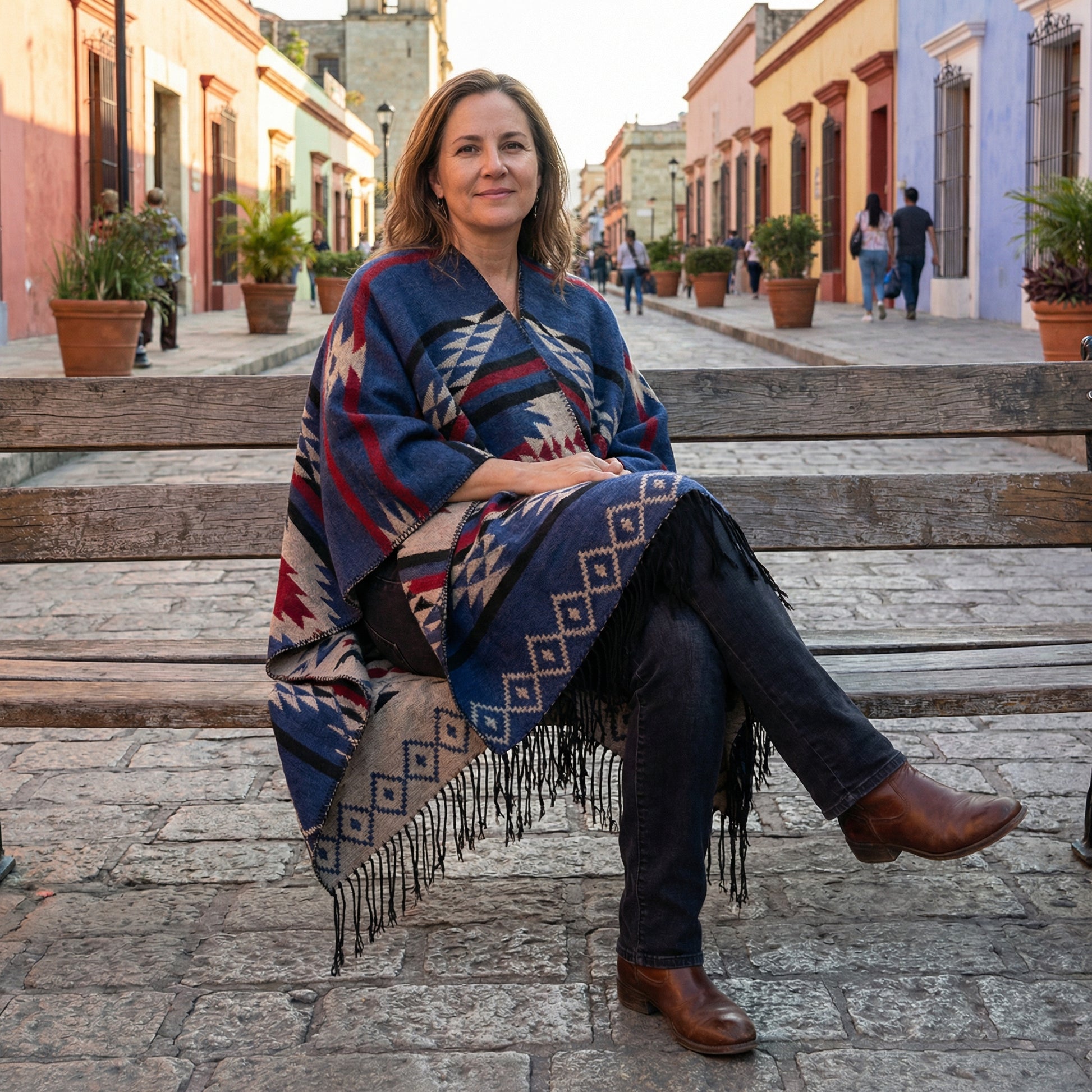 Poncho mexicain bleu et rouge - Horizon Poncho