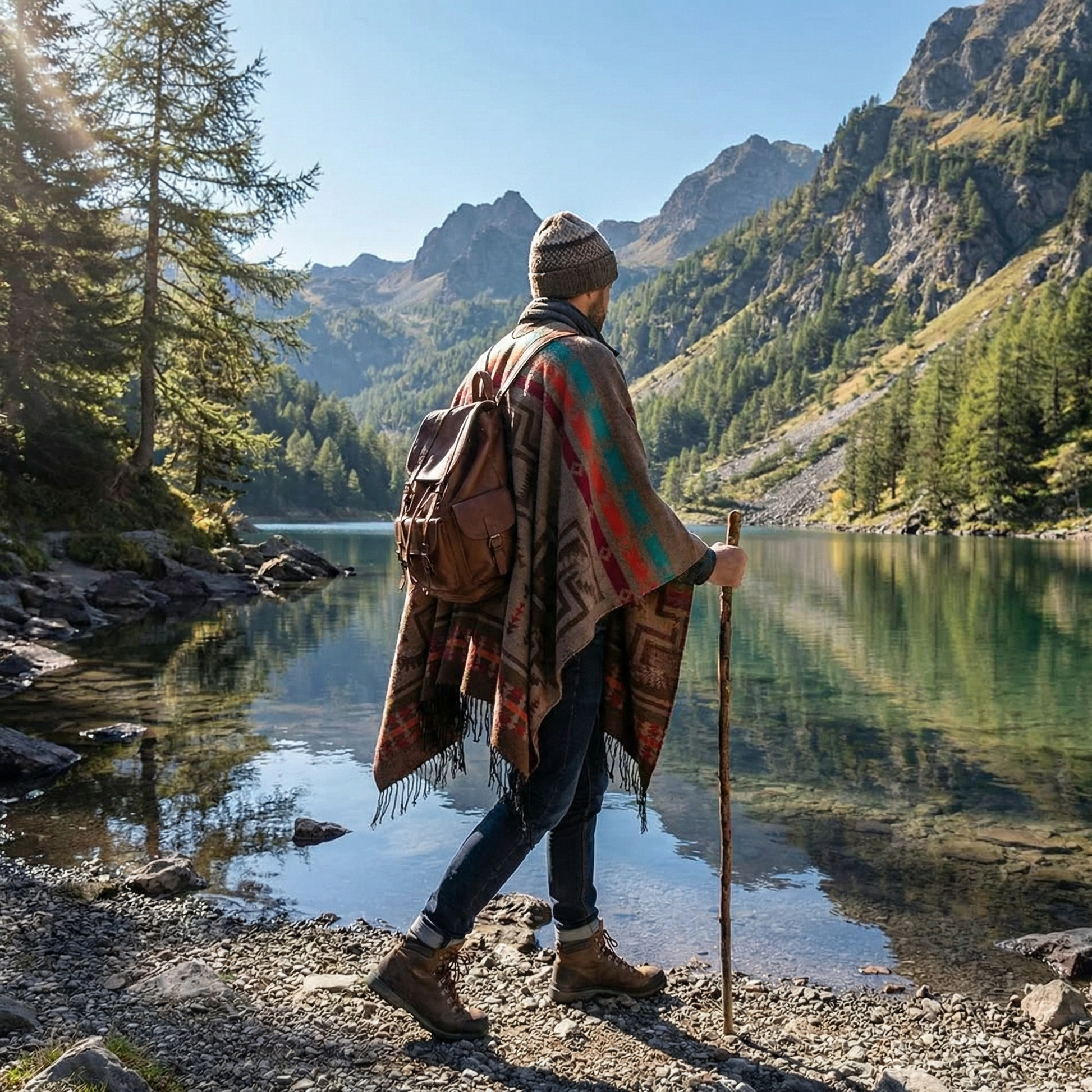 Poncho homme ethnique à motifs croix - Horizon Poncho