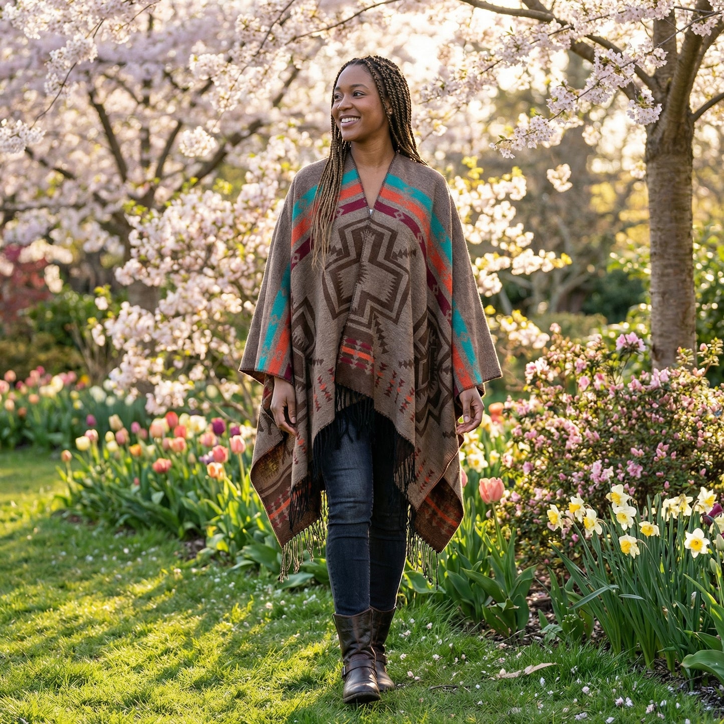 Poncho homme ethnique à motifs croix - Horizon Poncho