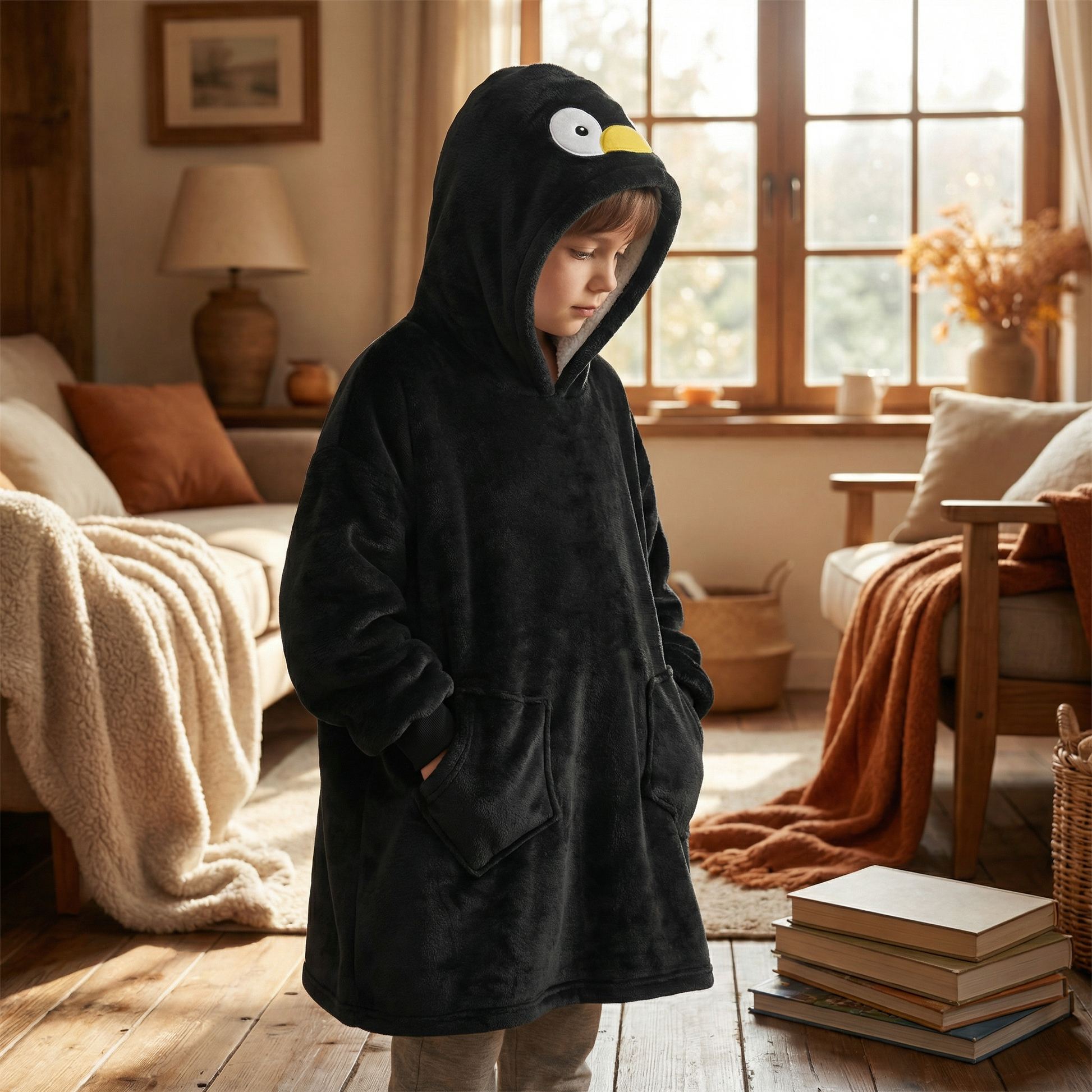 Poncho enfant motif pingouin noir - Horizon Poncho