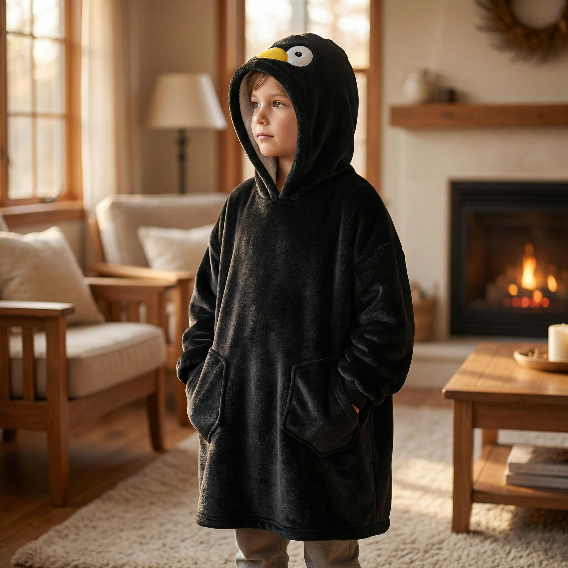 Poncho enfant motif pingouin noir - Horizon Poncho