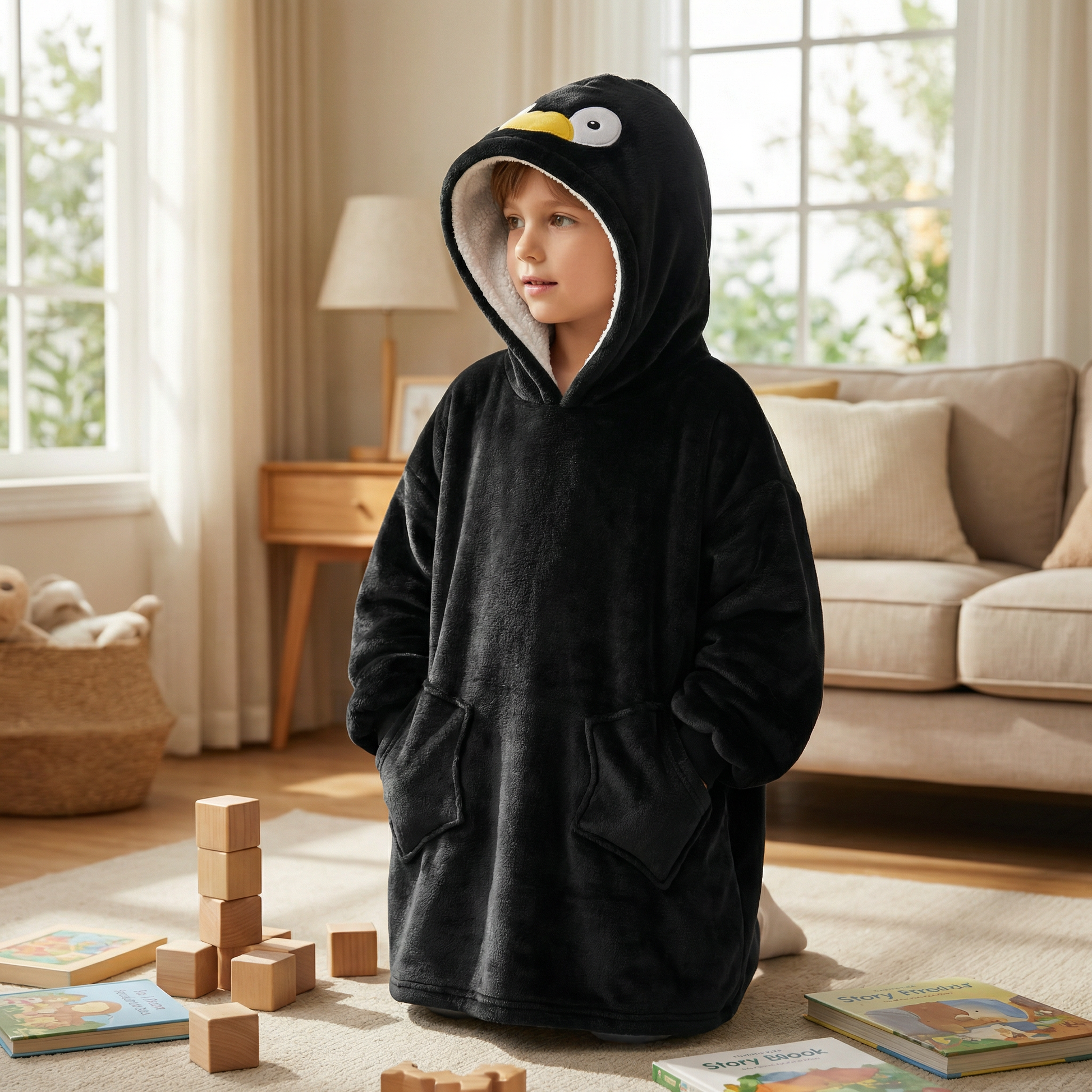 Poncho enfant motif pingouin noir - Horizon Poncho