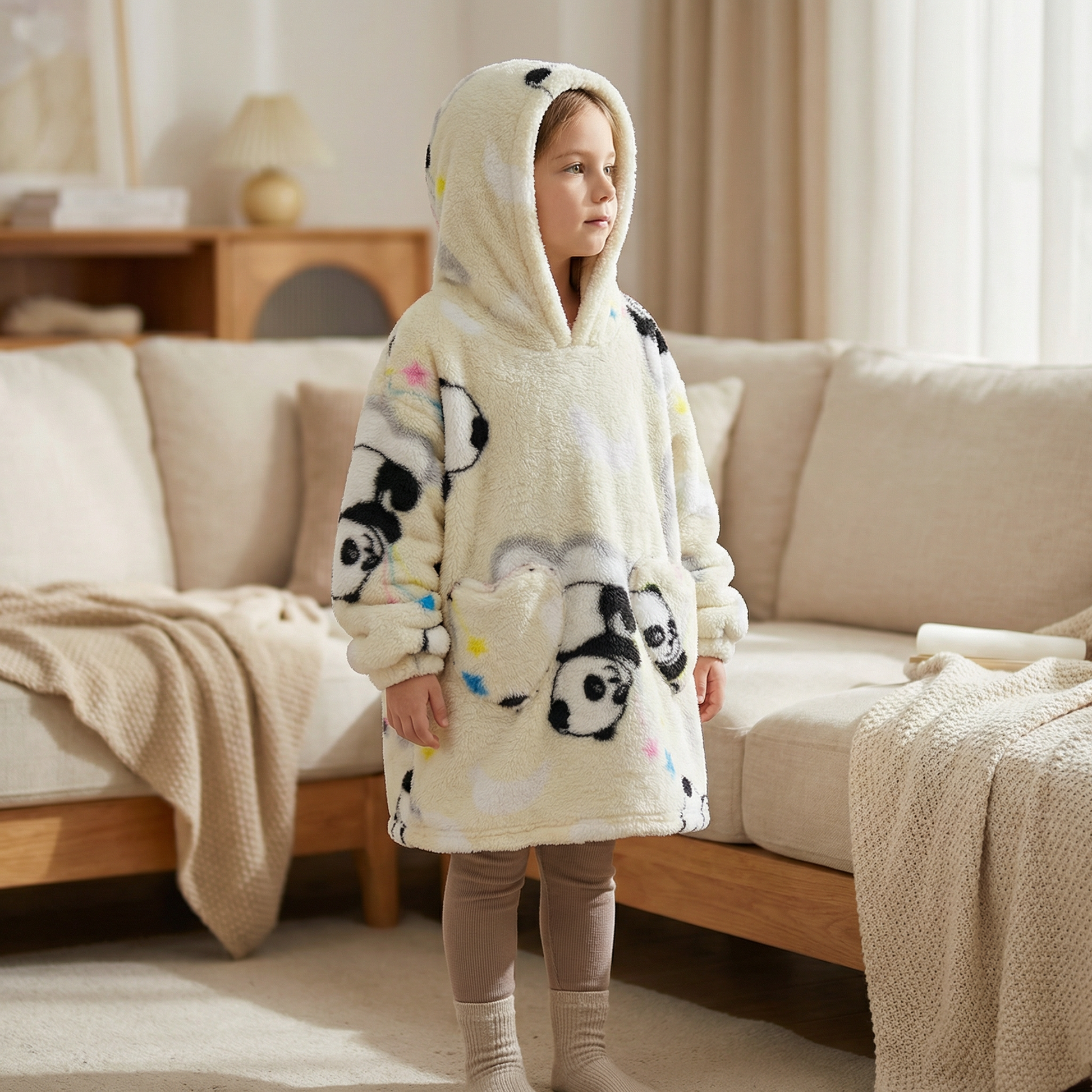 Poncho enfant motif panda beige - Horizon Poncho