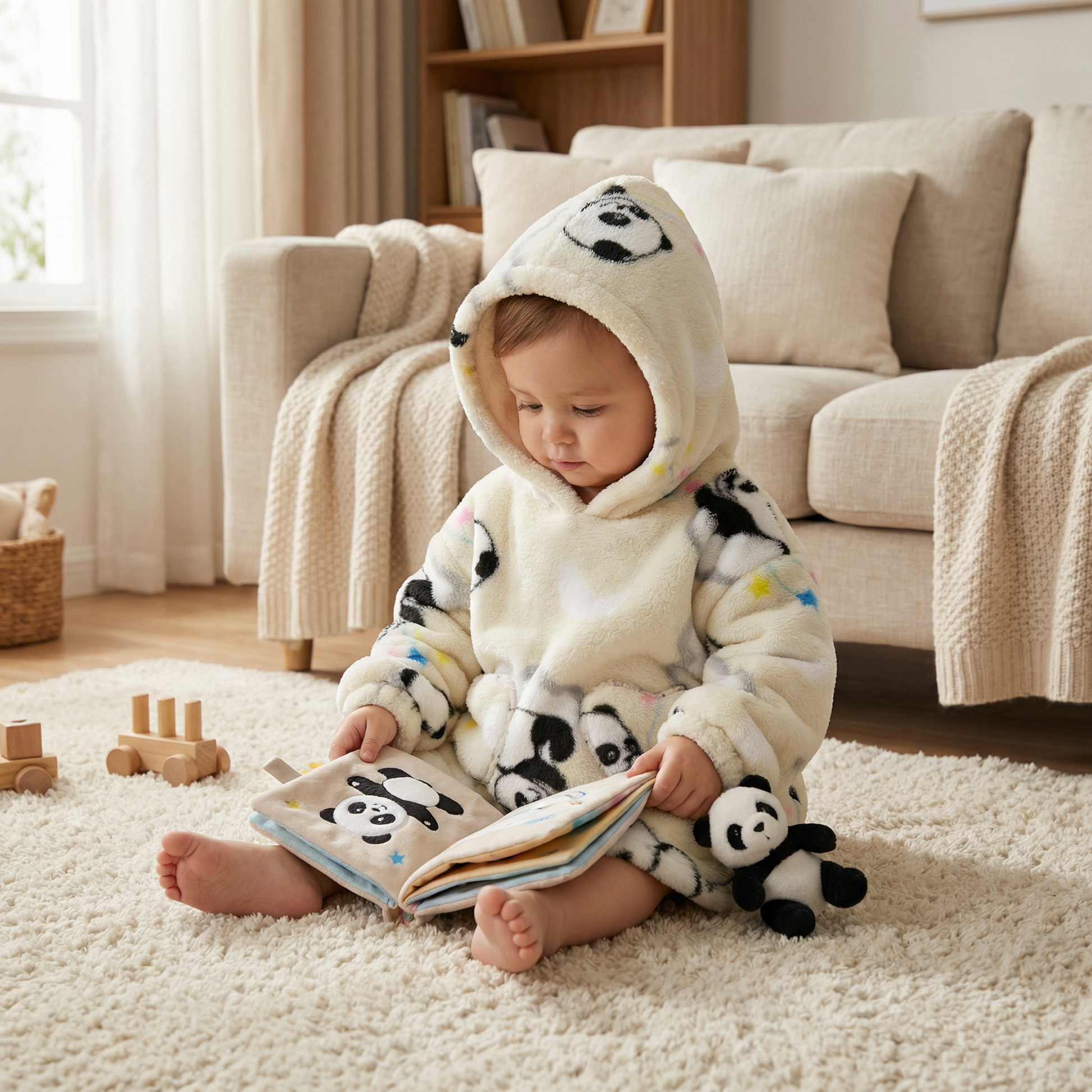Poncho enfant motif panda beige - Horizon Poncho