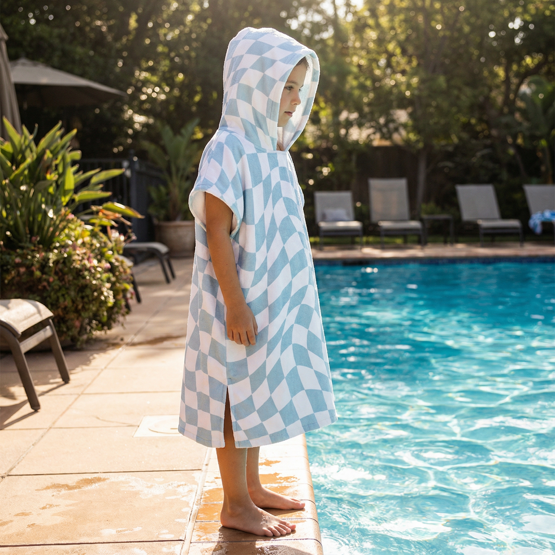 Poncho bain enfant motif damier bleu - Horizon Poncho