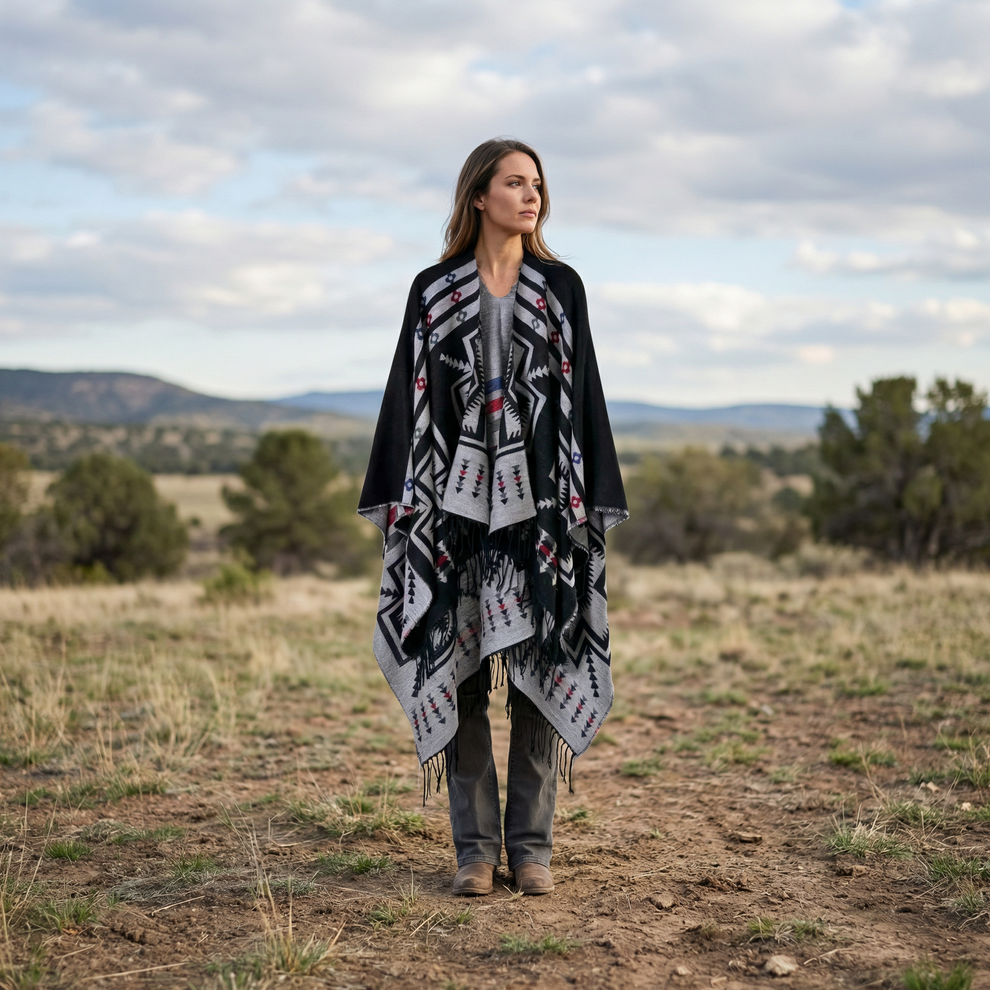 Poncho mexicain avec croix noir - Horizon Poncho