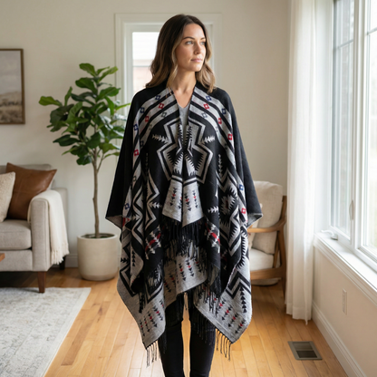 Poncho mexicain avec croix noir - Horizon Poncho