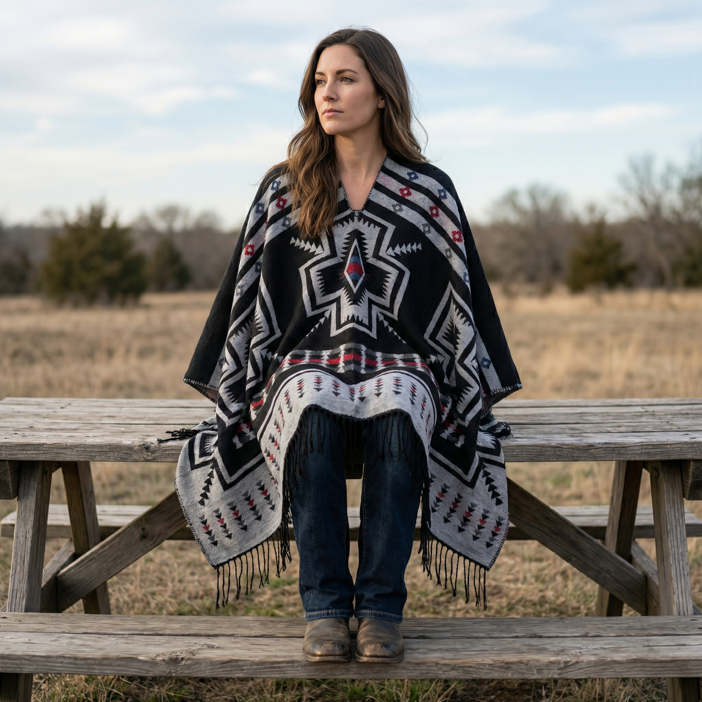 Poncho mexicain avec croix noir - Horizon Poncho