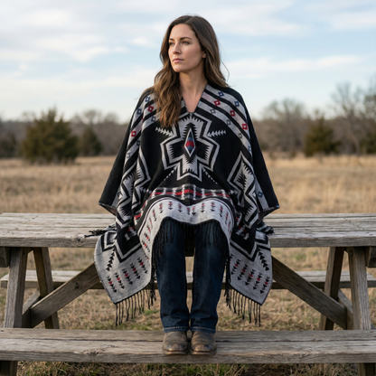 Poncho mexicain avec croix noir - Horizon Poncho