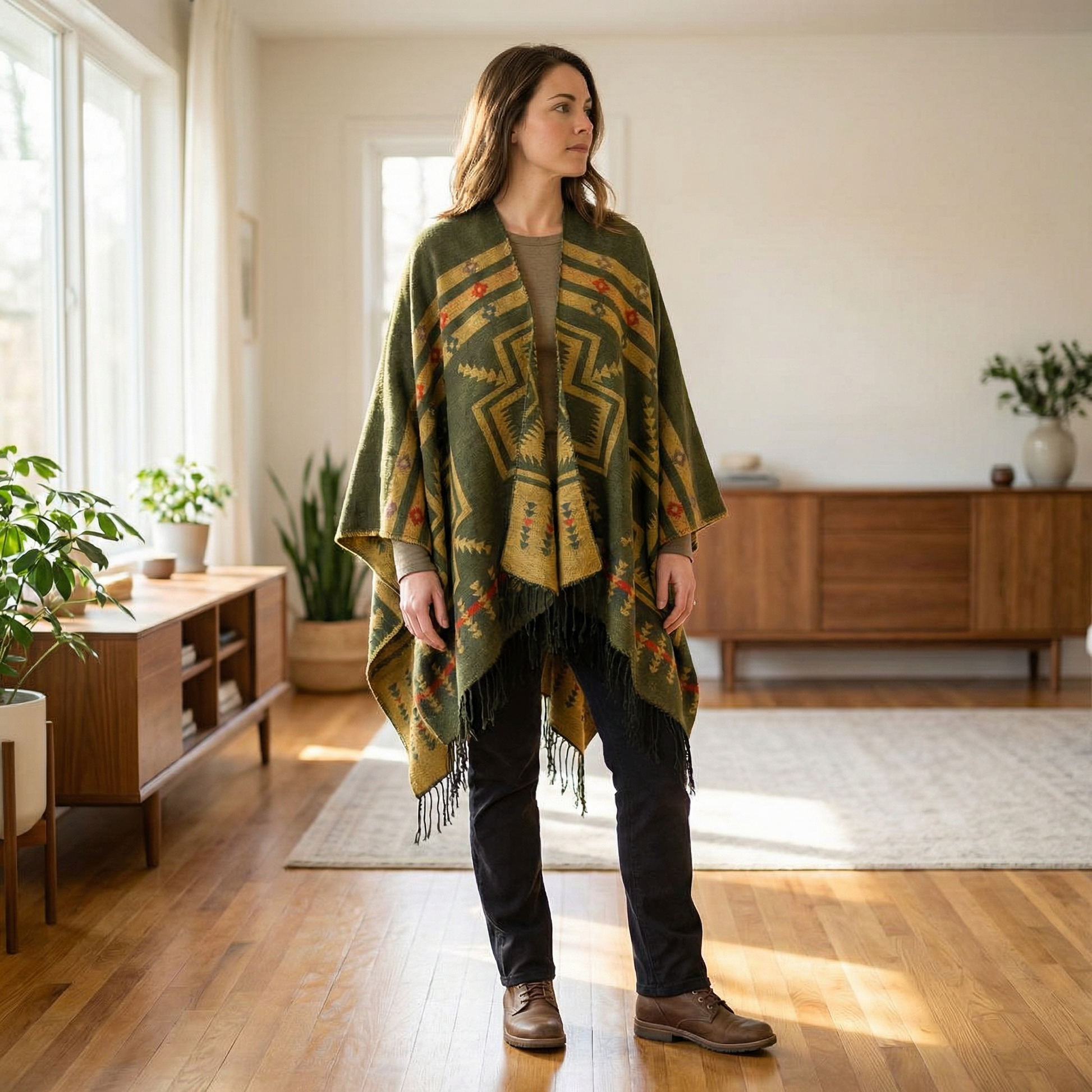 Poncho mexicain avec croix kaki - Horizon Poncho