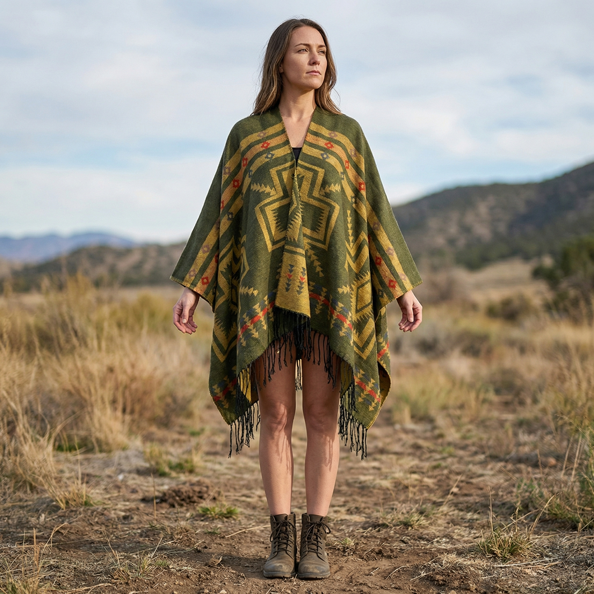Poncho mexicain avec croix kaki - Horizon Poncho