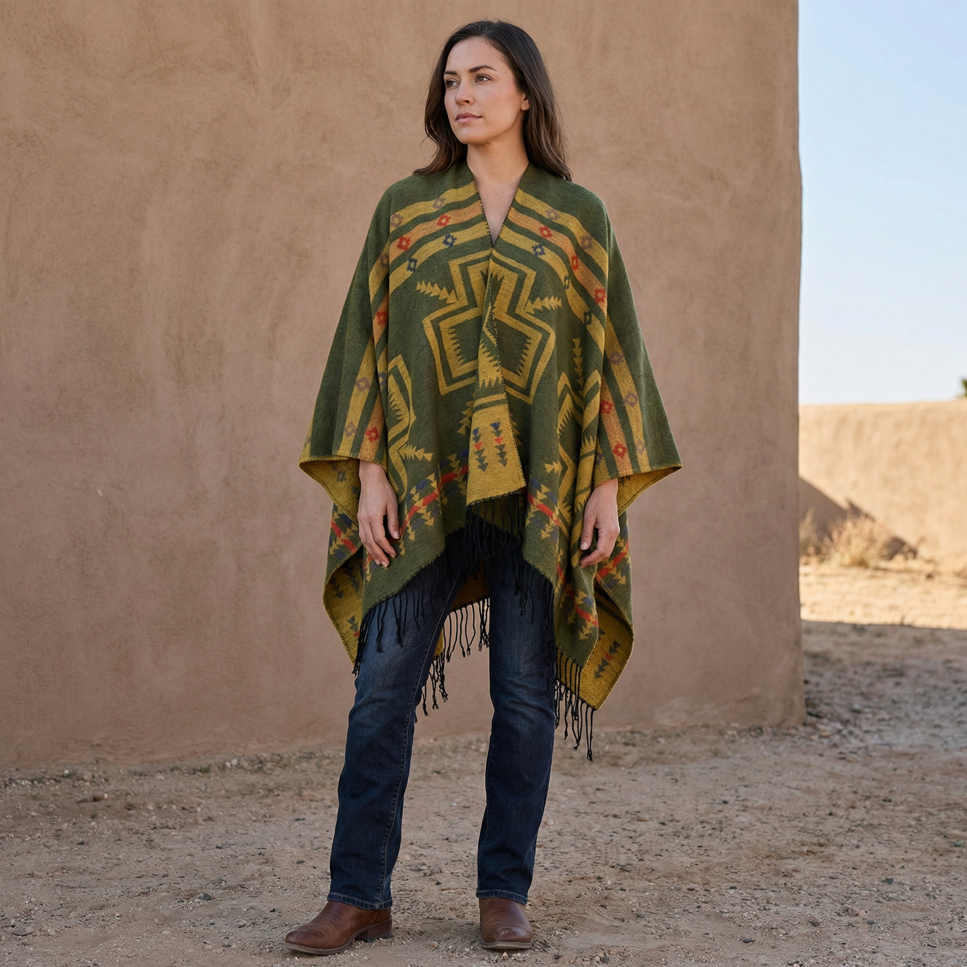 Poncho mexicain avec croix kaki - Horizon Poncho
