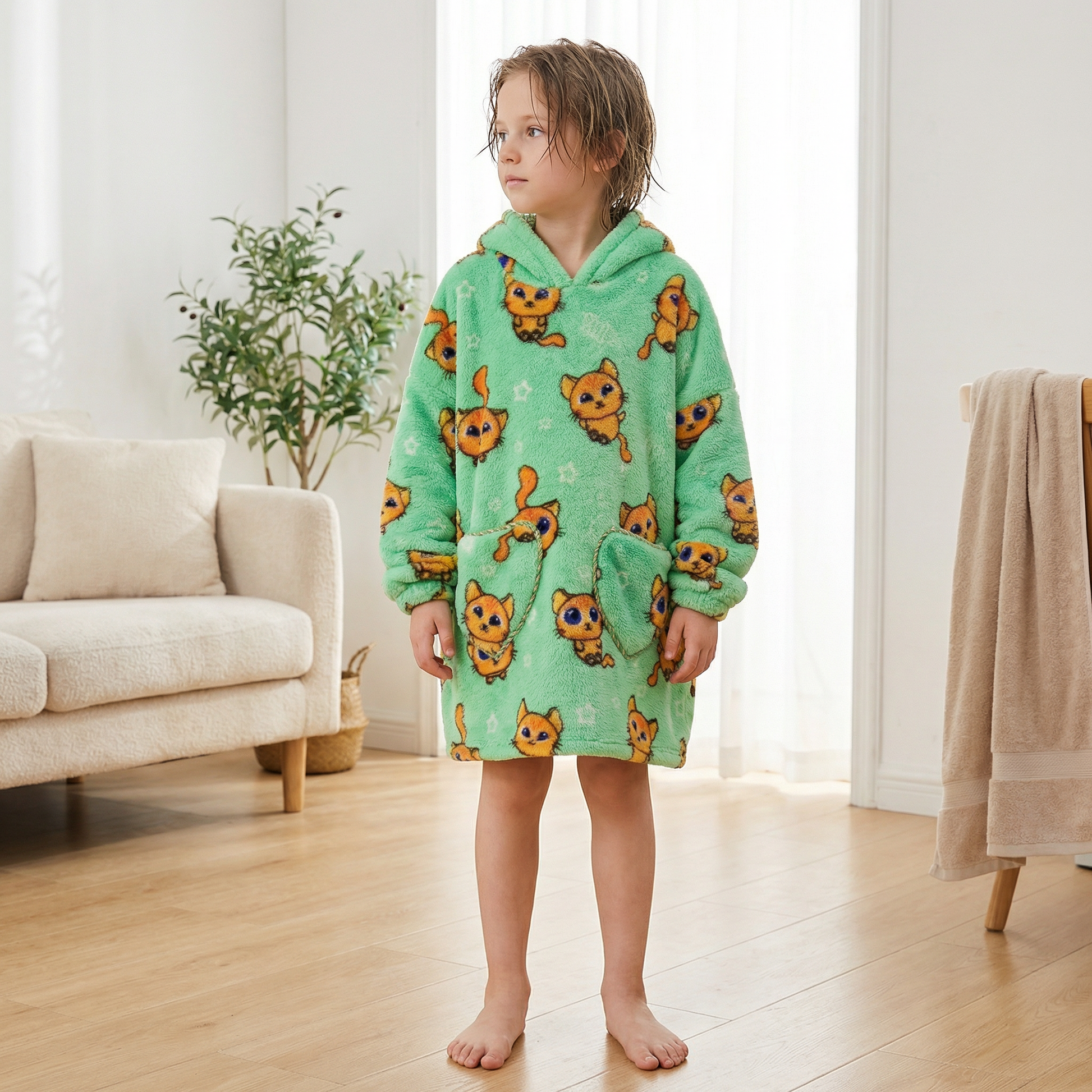Poncho enfant motifs chat vert - Horizon Poncho