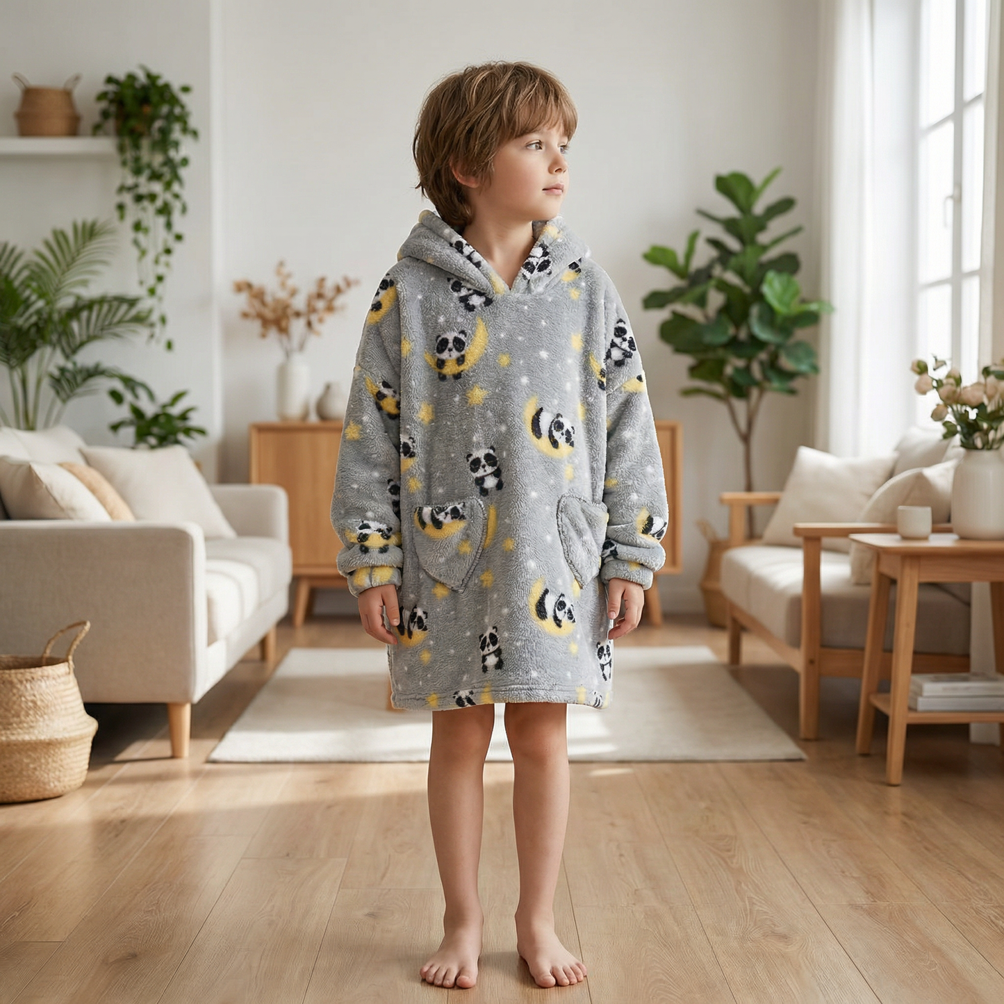 Poncho enfant motifs panda gris - Horizon Poncho