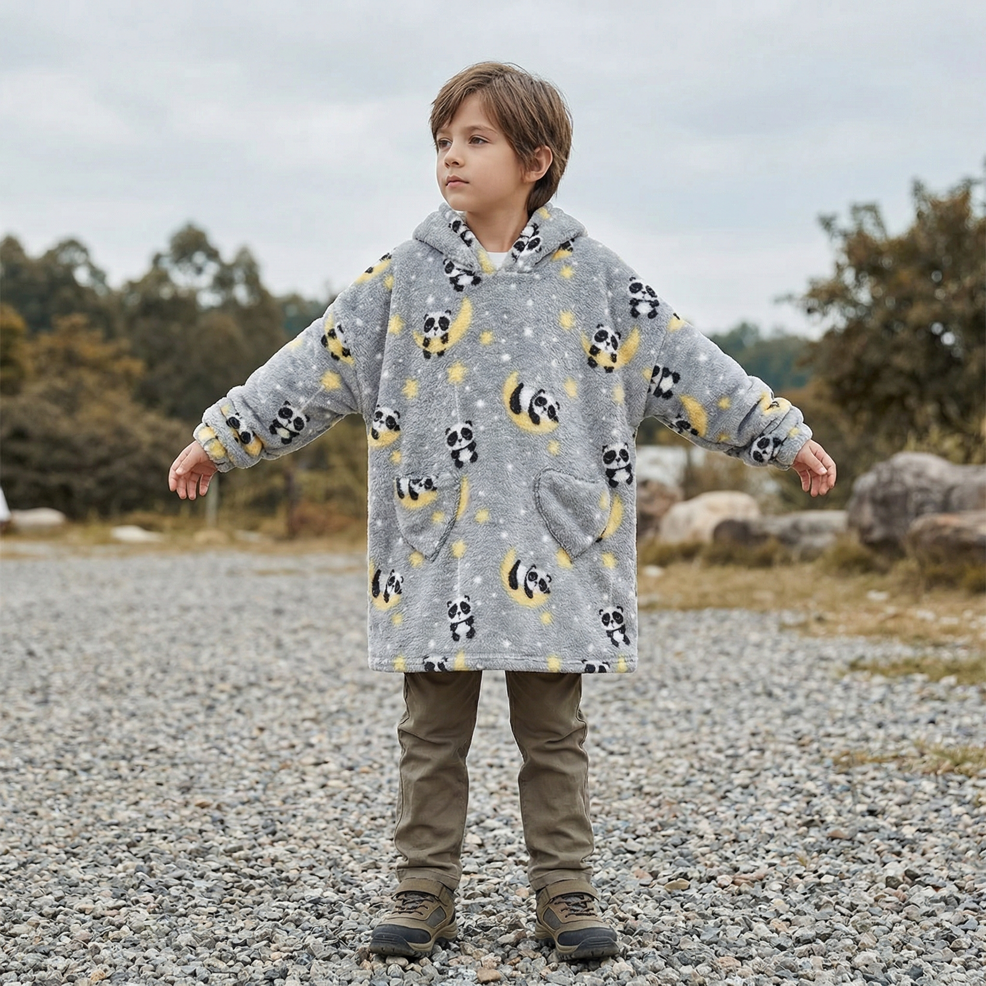 Poncho enfant motifs panda gris - Horizon Poncho