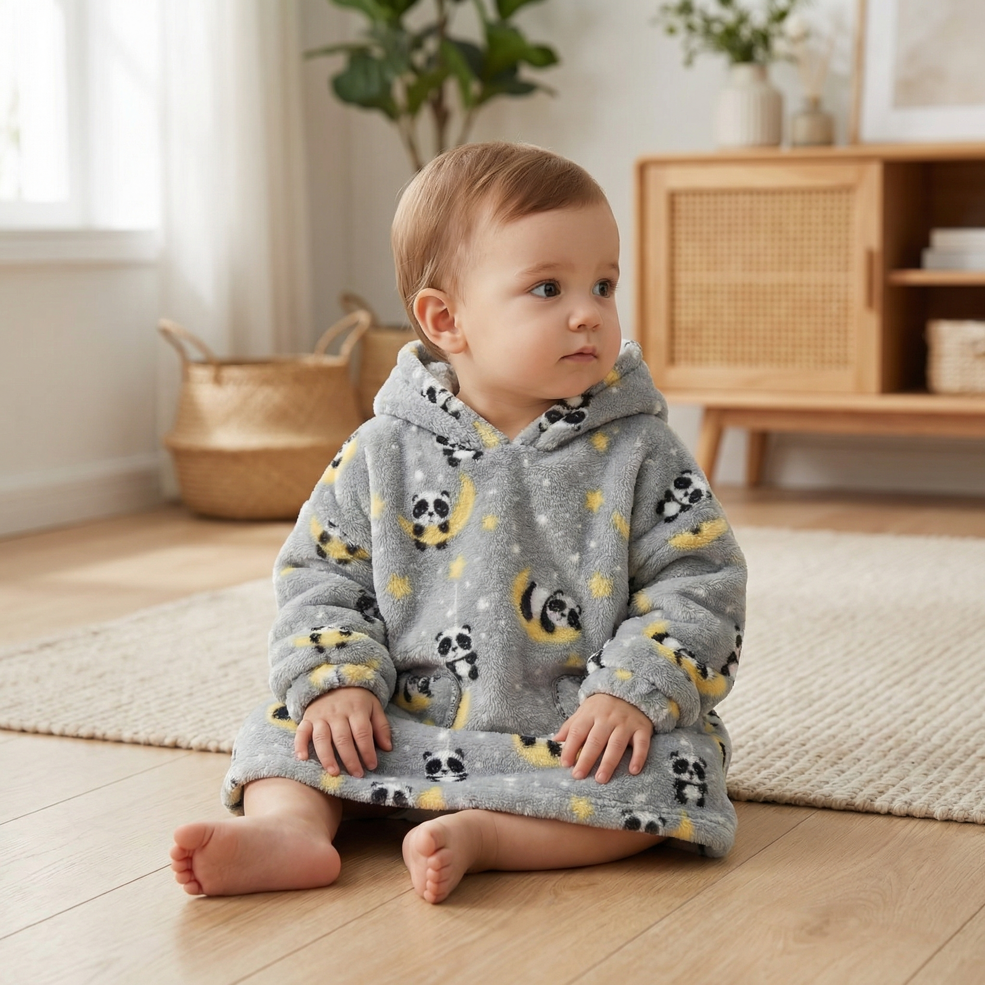 Poncho enfant motifs panda gris - Horizon Poncho