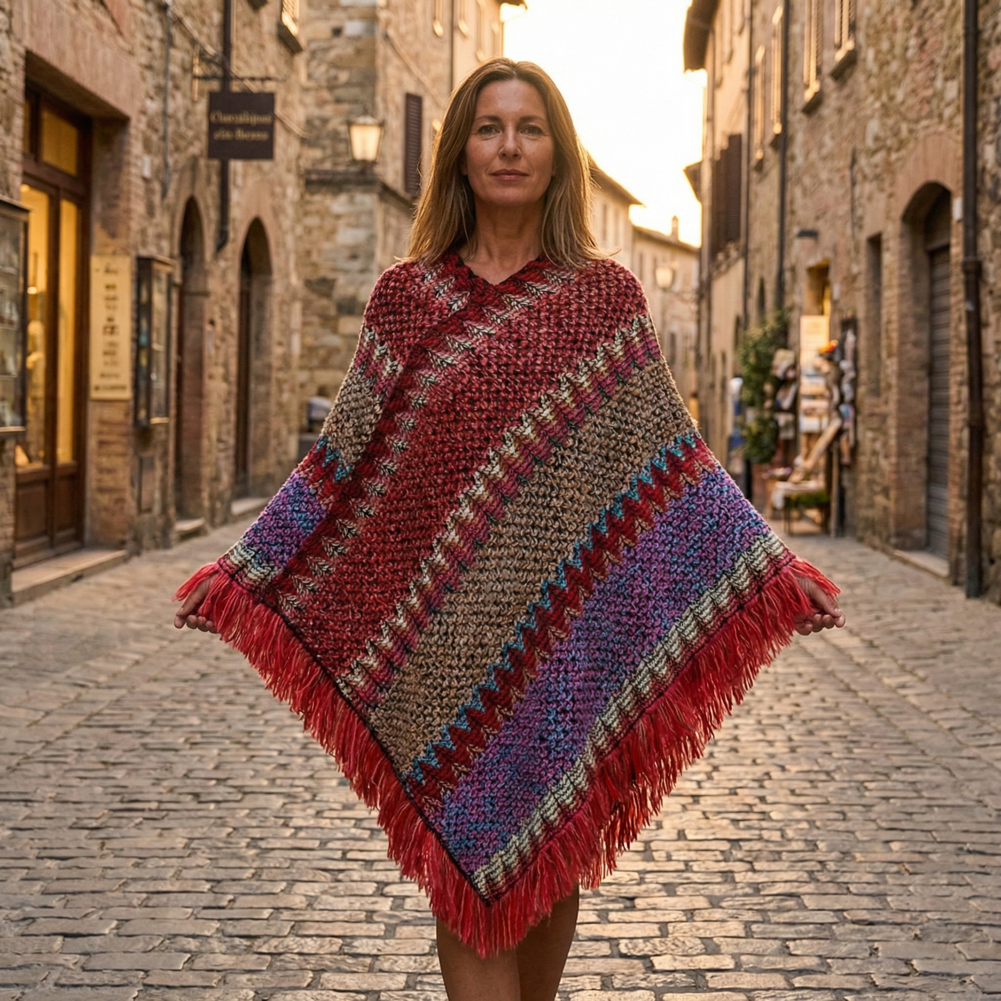 Poncho avec mailles et franges - Horizon Poncho