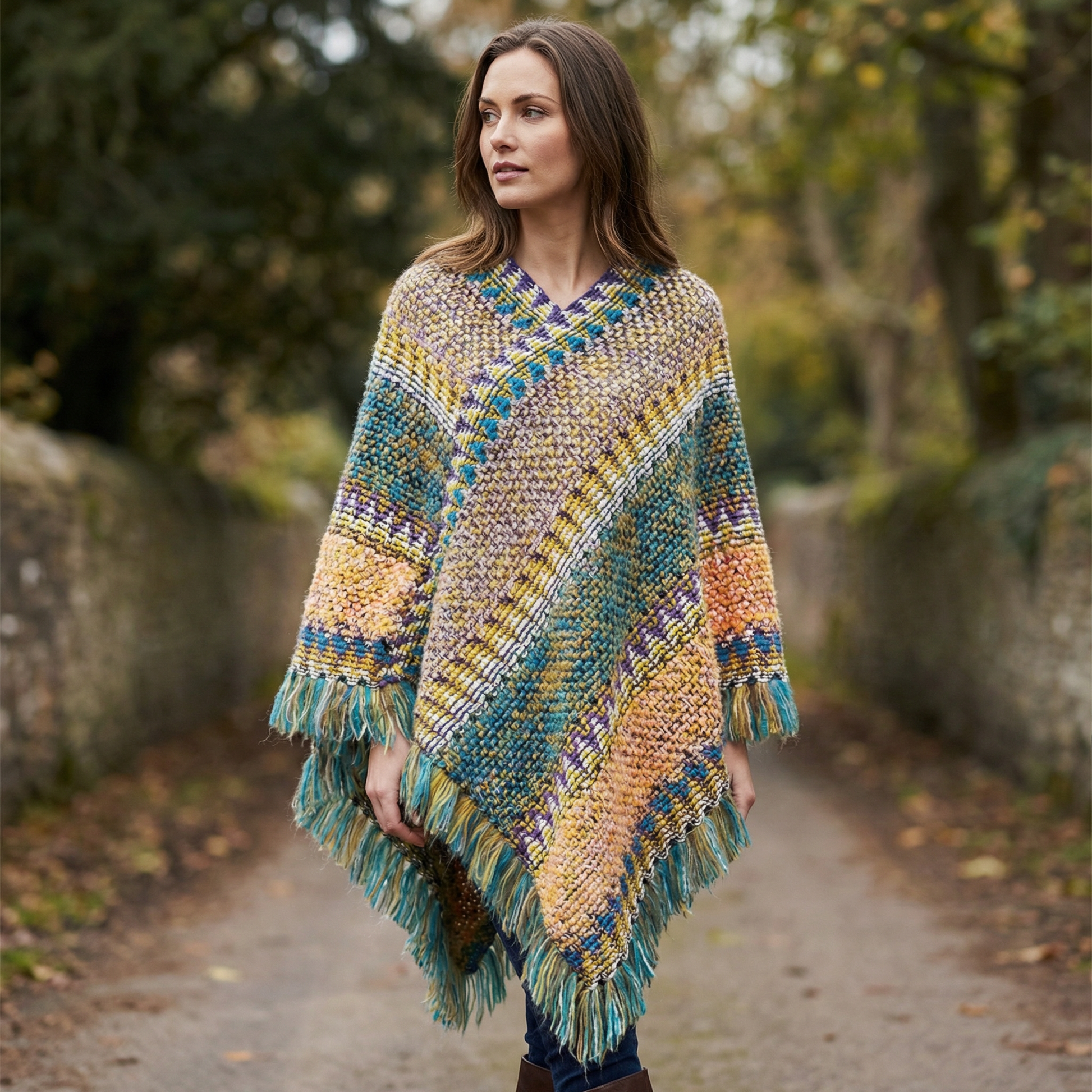 Poncho avec mailles et franges - Horizon Poncho