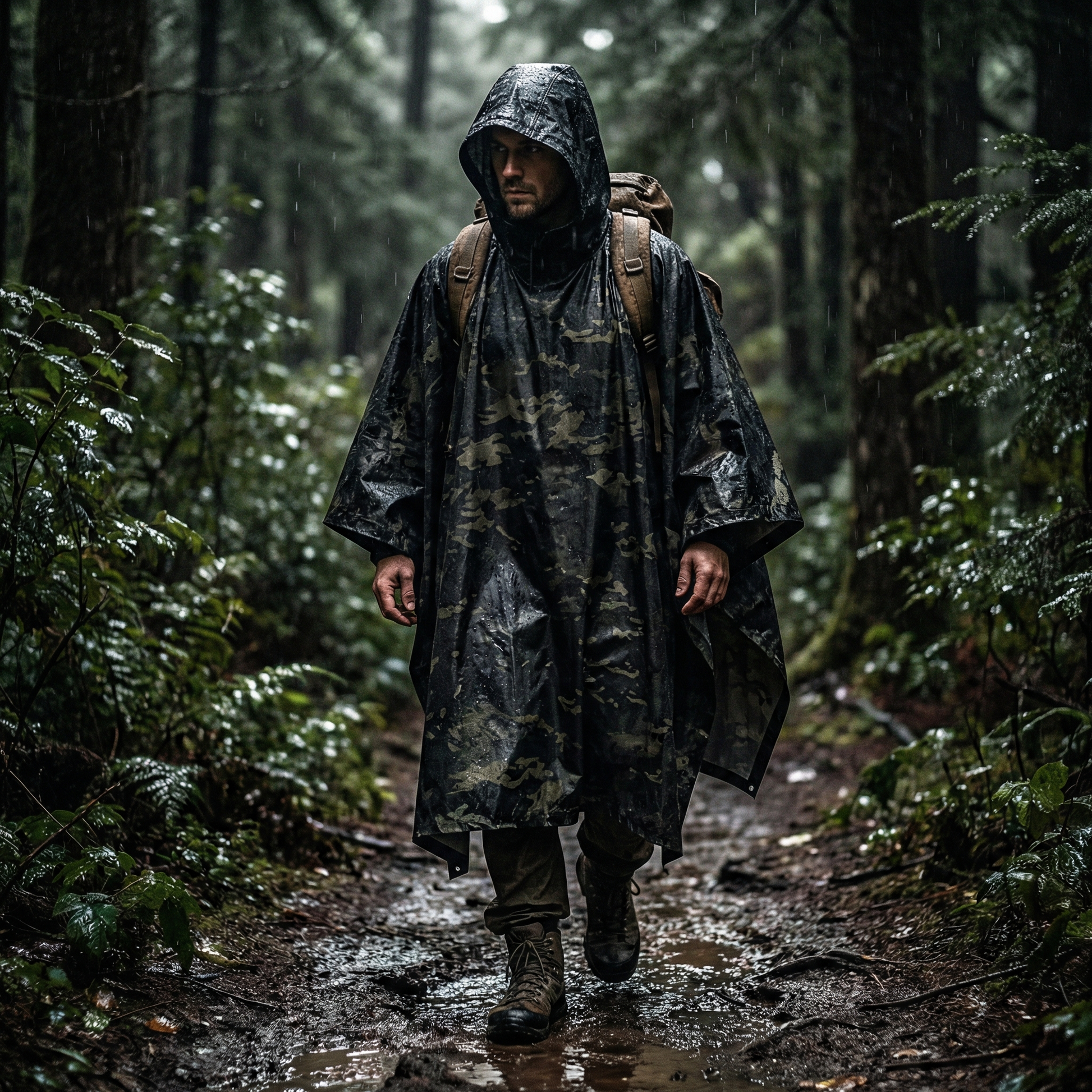 Poncho pluie randonnée camouflage noir - Horizon Poncho