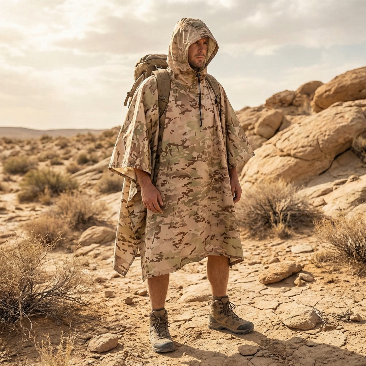 Poncho pluie randonnée camouflage beige - Horizon Poncho