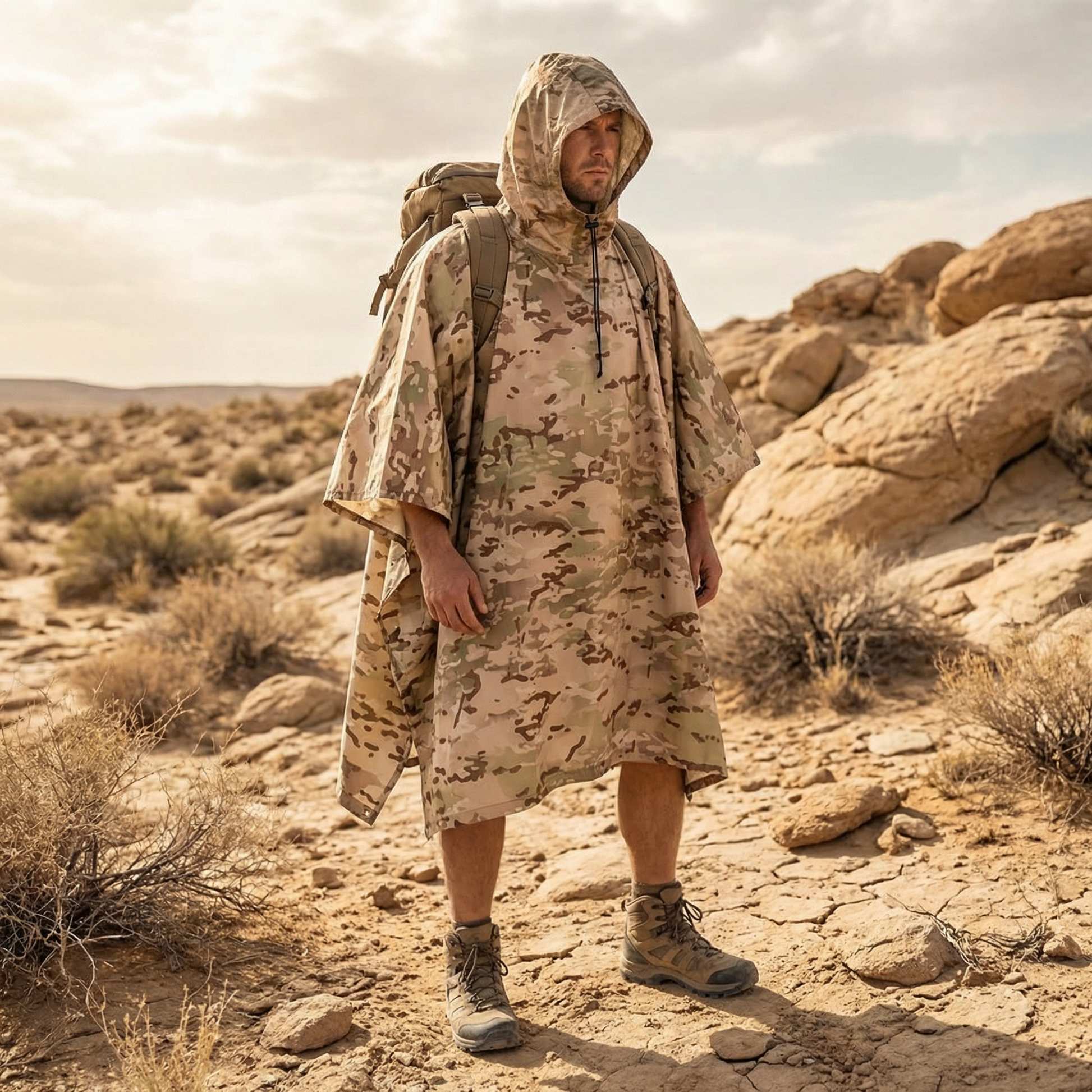 Poncho pluie randonnée camouflage beige - Horizon Poncho