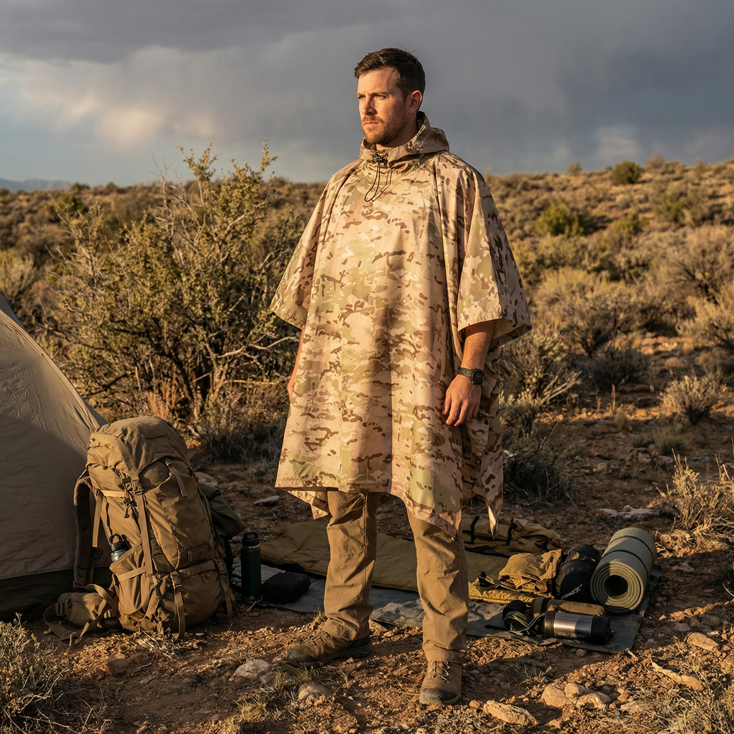 Poncho pluie randonnée camouflage beige - Horizon Poncho